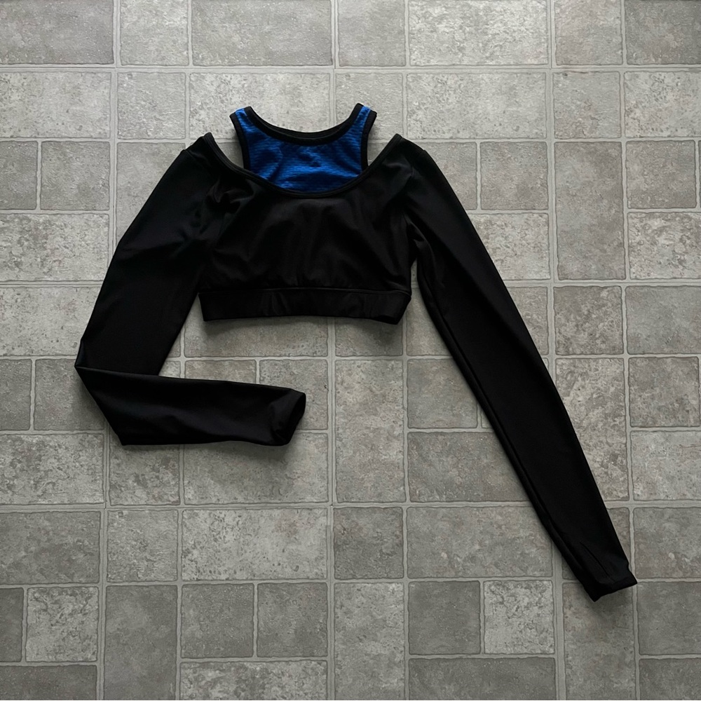 Y2K Black Blue Long Sleeve Workout Crop Top Womens Small